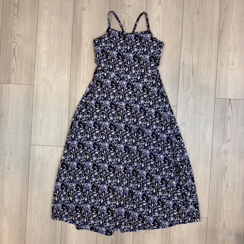 Pact Organic Cotton Floral Maxi Dress Navy Lavender Strappy Cross Back Small